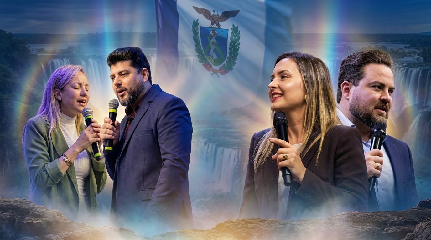 Pra. Sara Medina e Pr. Pedro Medina e equipe com microfones, diante das Cataratas do Iguaçu e da bandeira de Foz